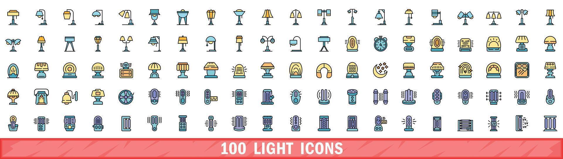 100 light icons set, color line style vector