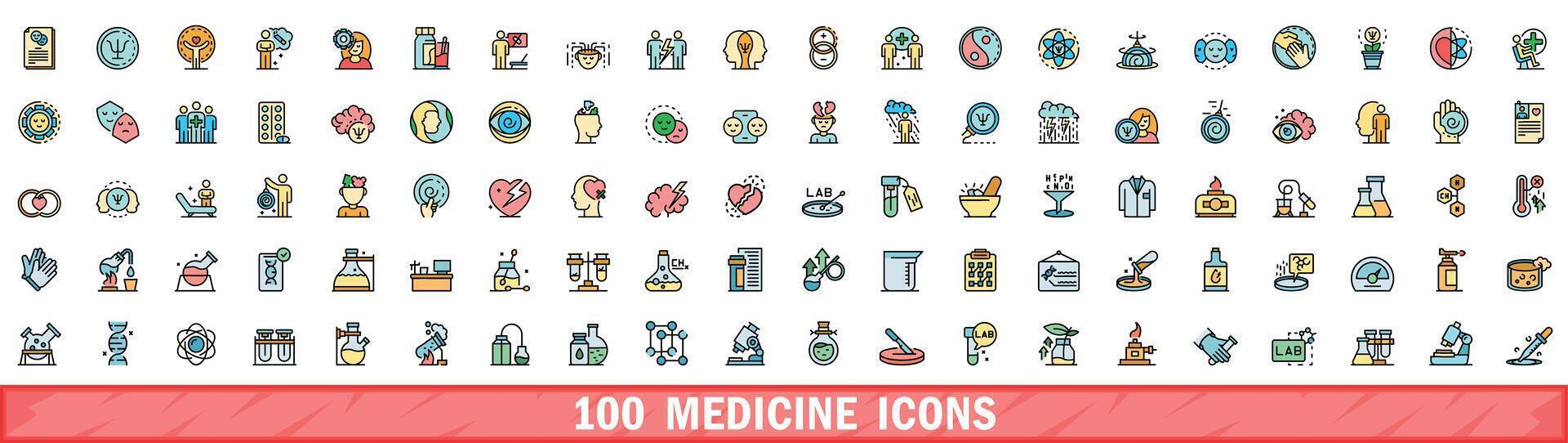 100 medicine icons set, color line style vector