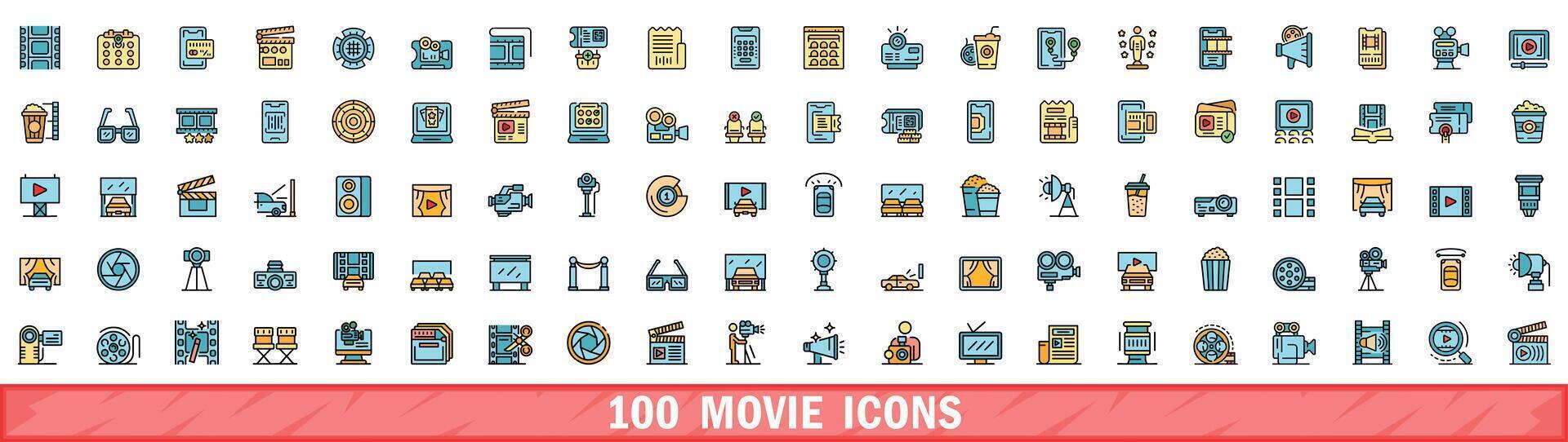 100 movie icons set, color line style vector