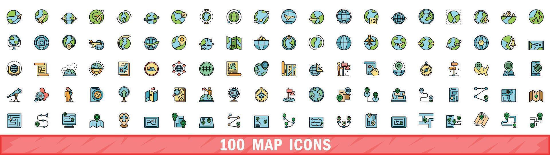 100 mapa íconos colocar, color línea estilo vector