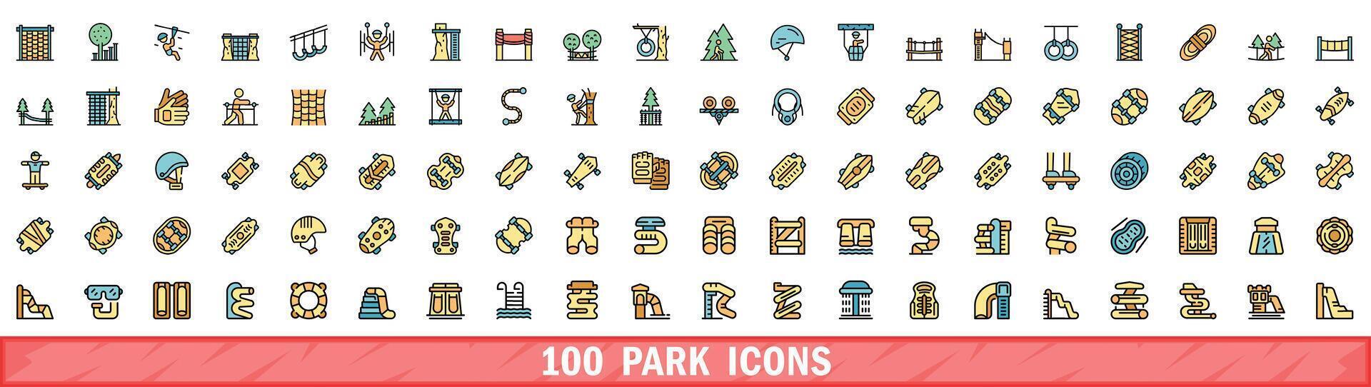 100 park icons set, color line style vector