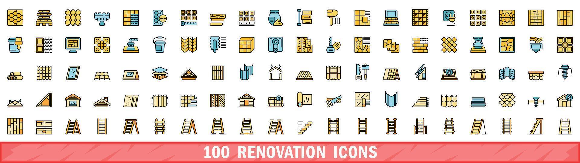 100 renovation icons set, color line style vector