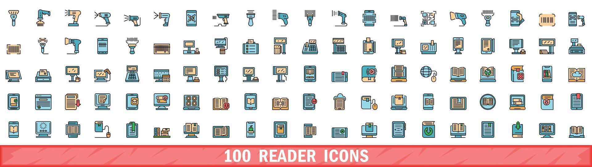 100 reader icons set, color line style vector