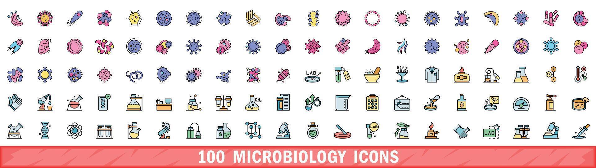 100 microbiology icons set, color line style vector