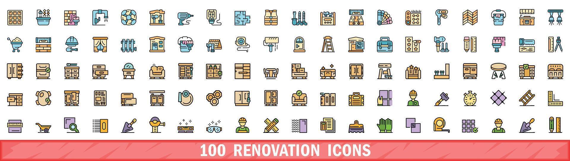 100 renovation icons set, color line style vector