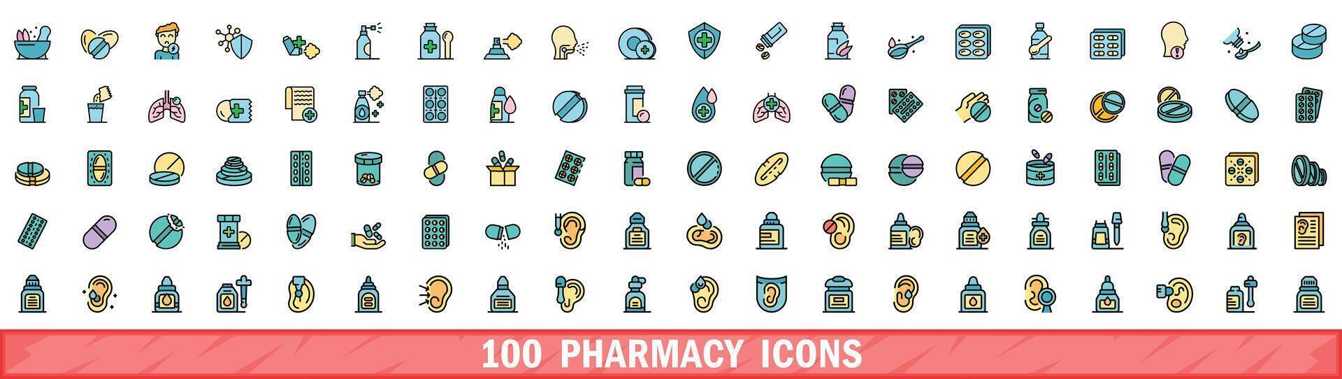 100 pharmacy icons set, color line style vector
