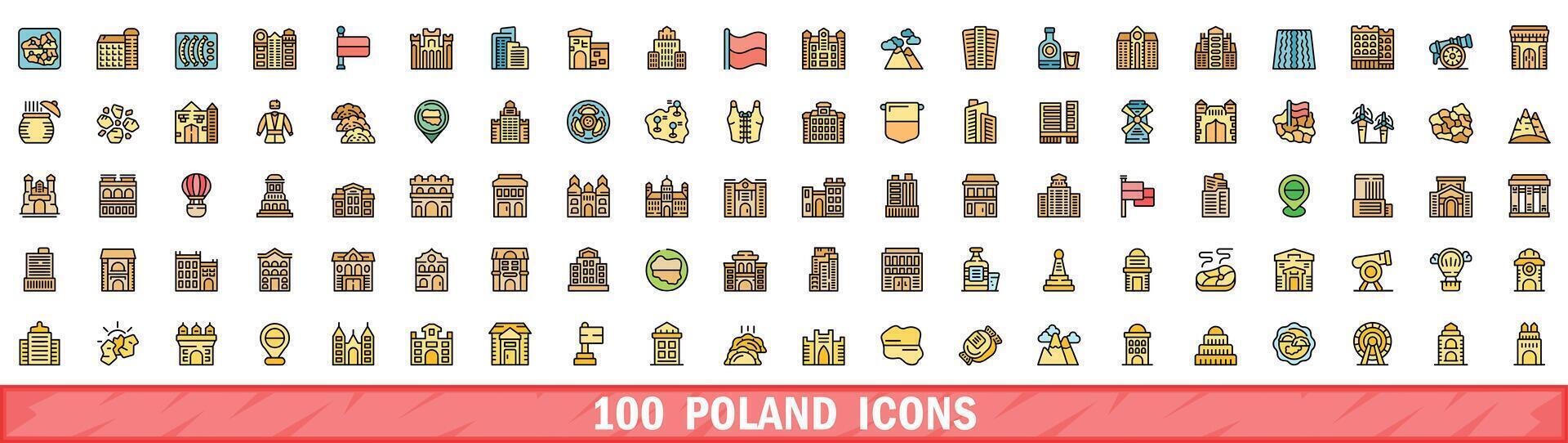 100 poland icons set, color line style vector