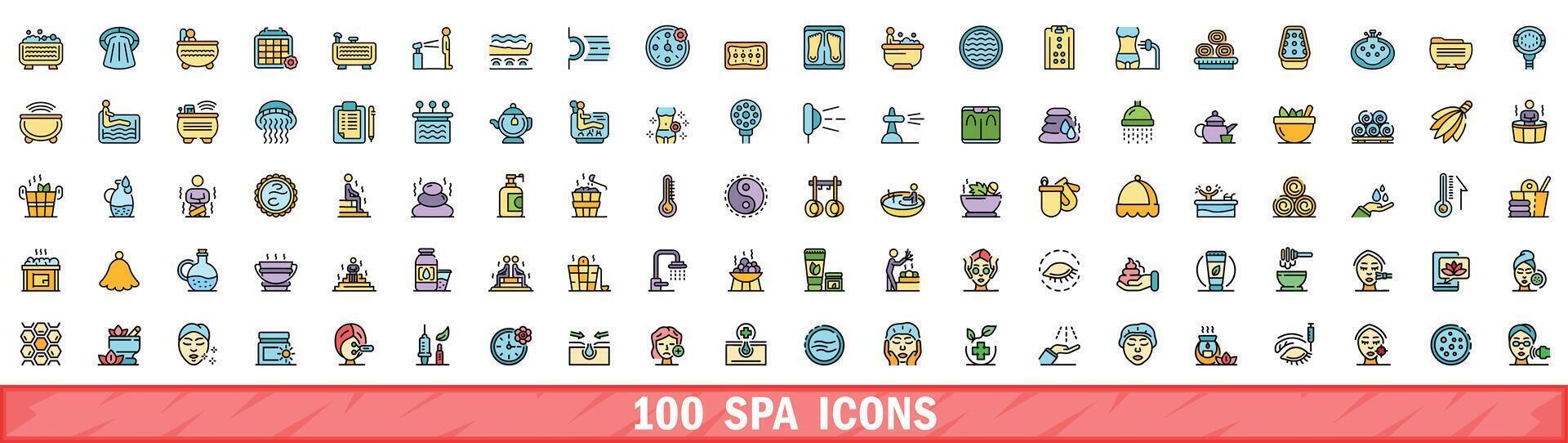 100 spa icons set, color line style vector