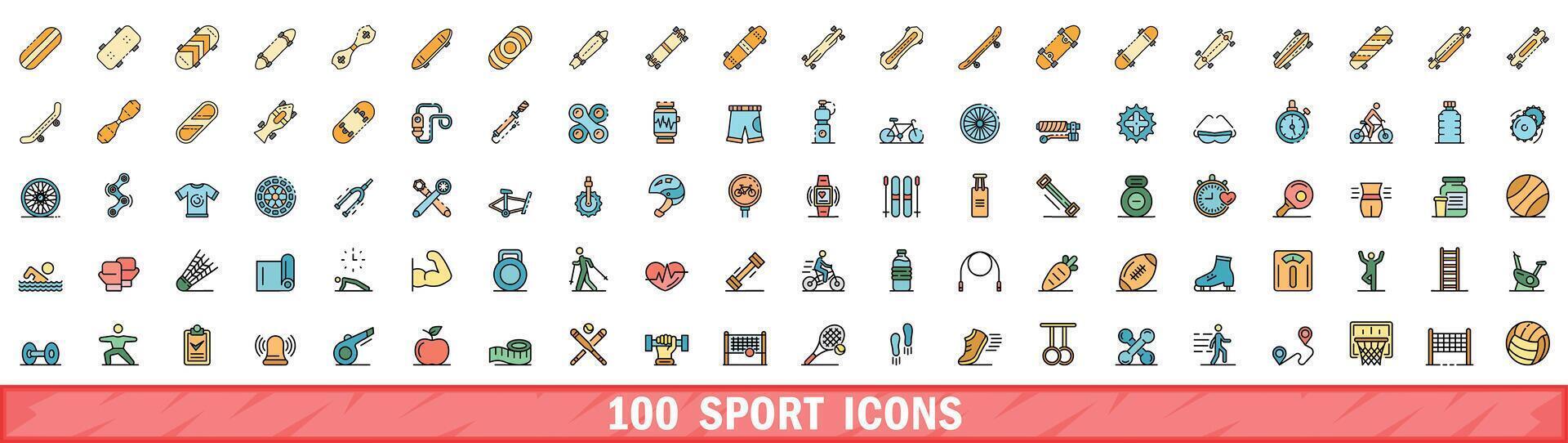 100 sport icons set, color line style vector