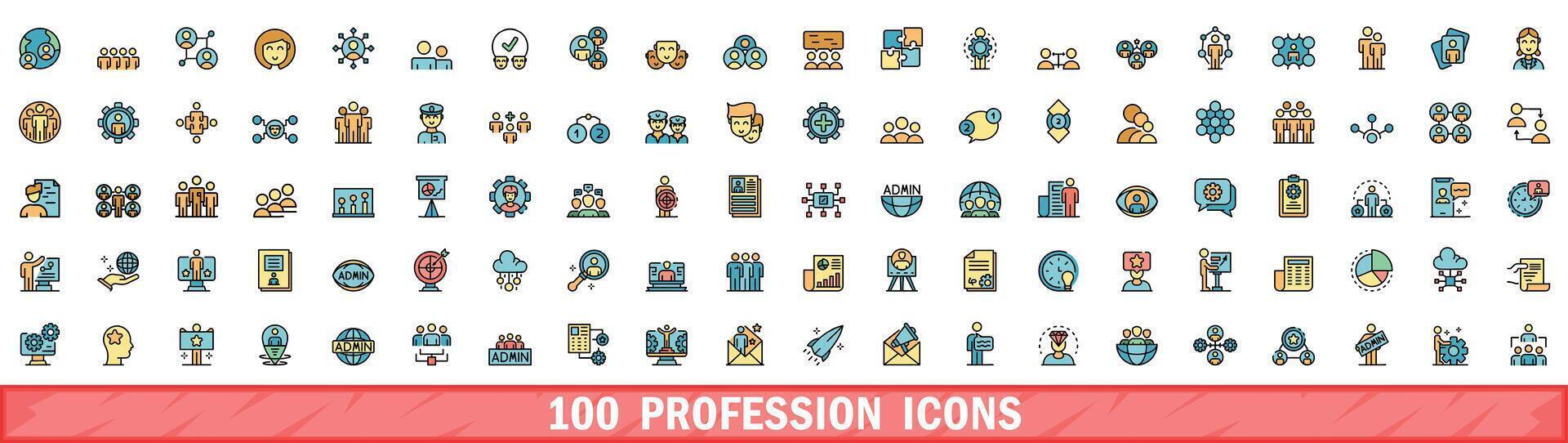 100 profession icons set, color line style vector