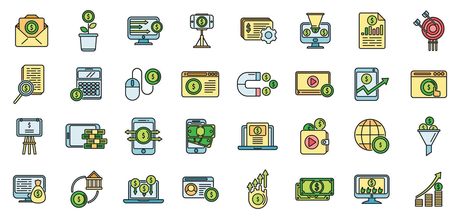 Monetization icons set vector color line