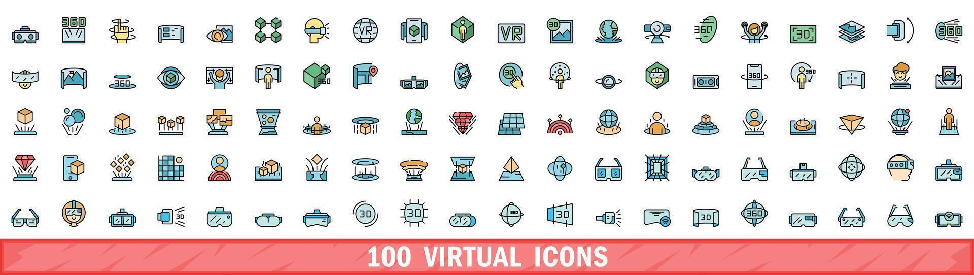 100 virtual icons set, color line style vector