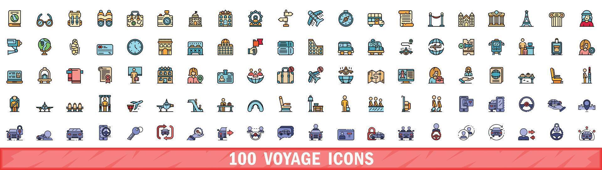 100 voyage icons set, color line style vector