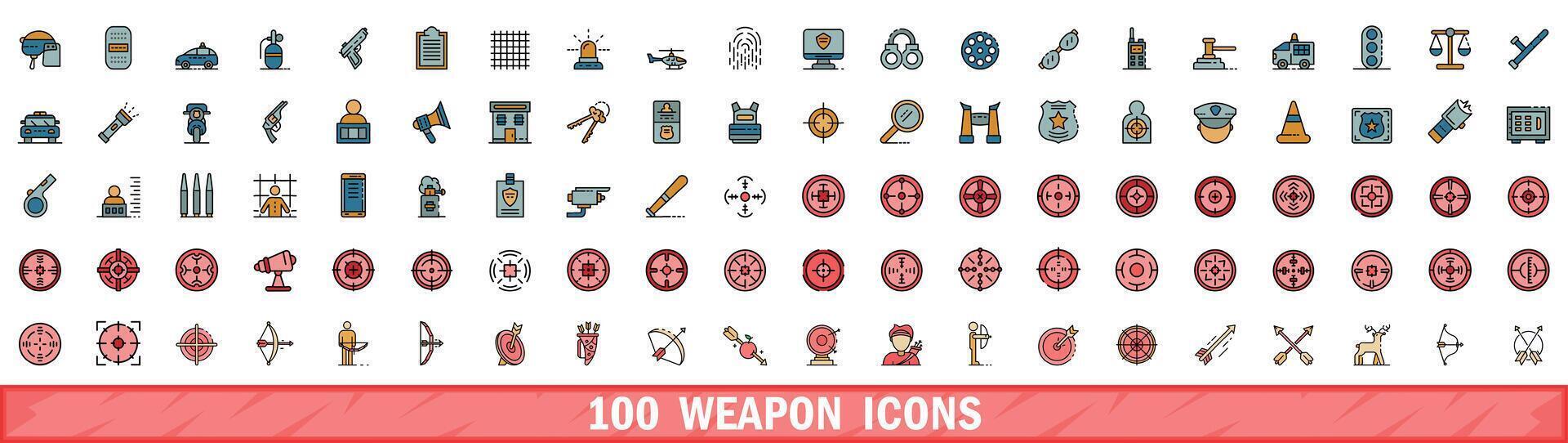 100 weapon icons set, color line style vector