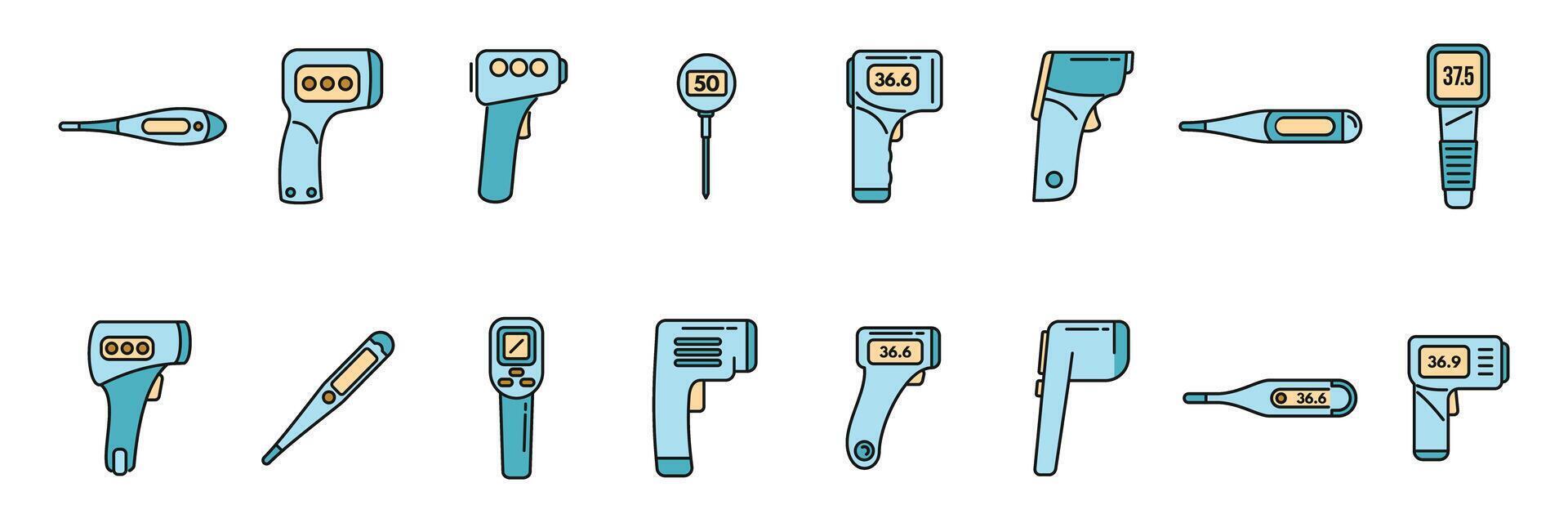 Digital thermometer icons set vector color line