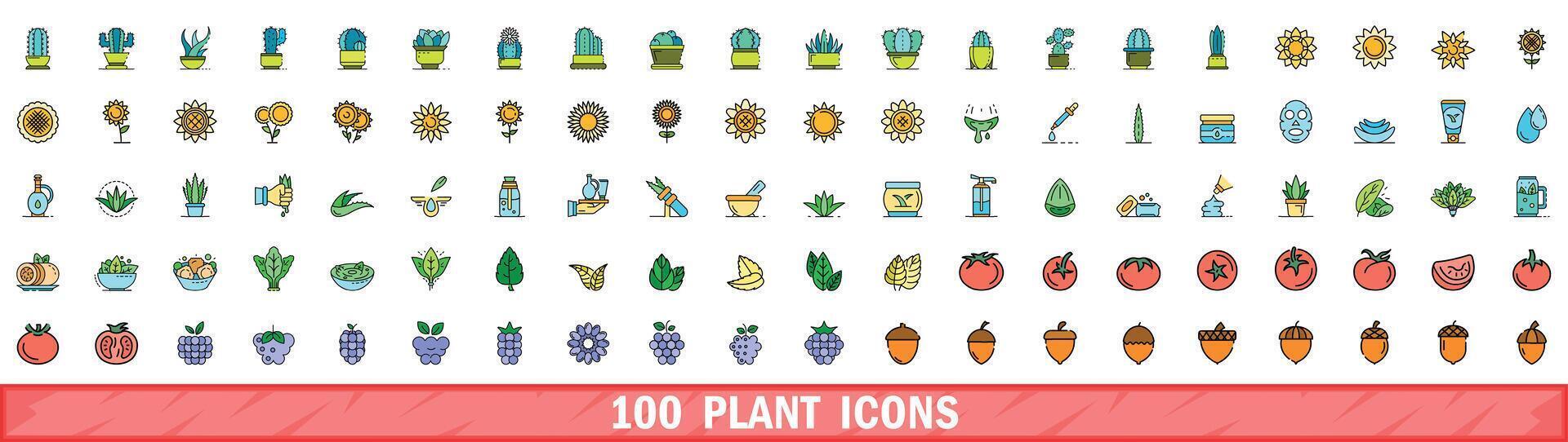 100 plant icons set, color line style vector