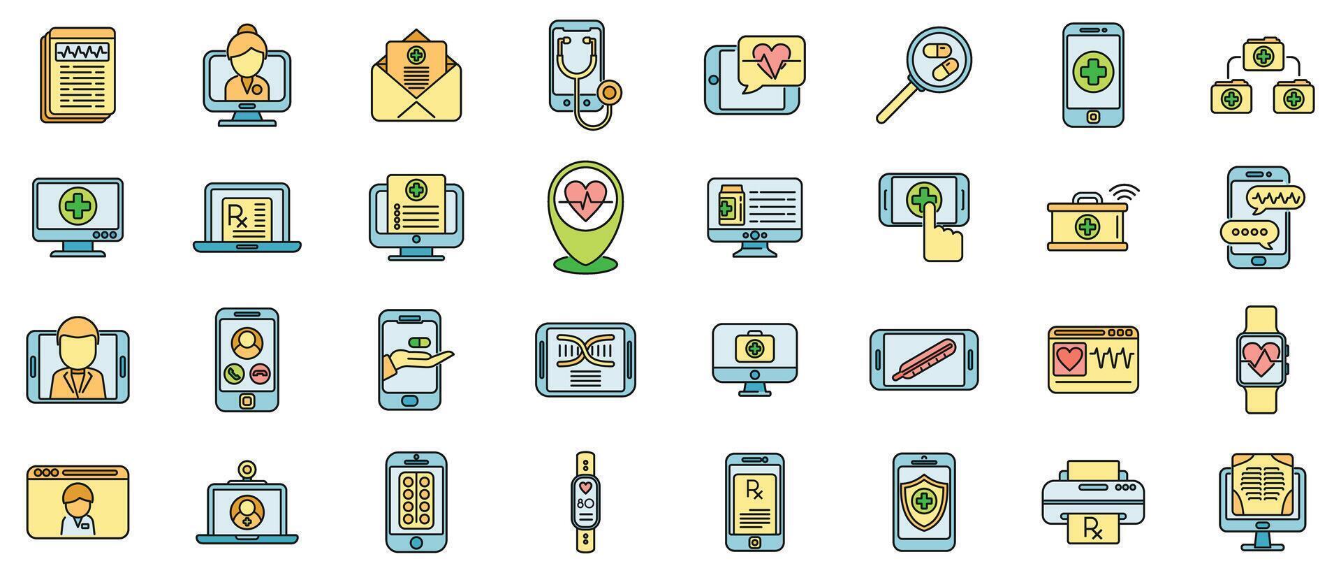 Telemedicine icons set vector color line