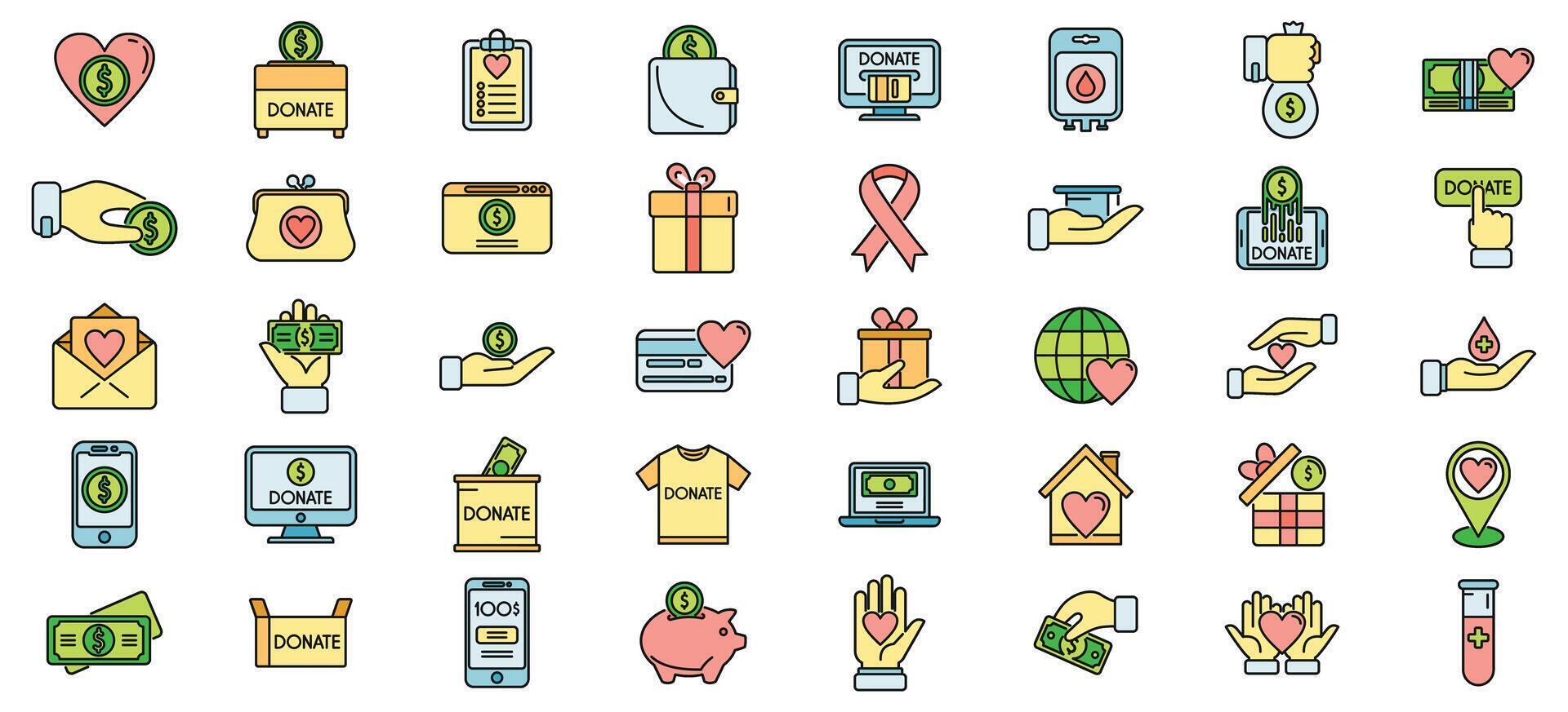 Charitable giving icons set vector color line