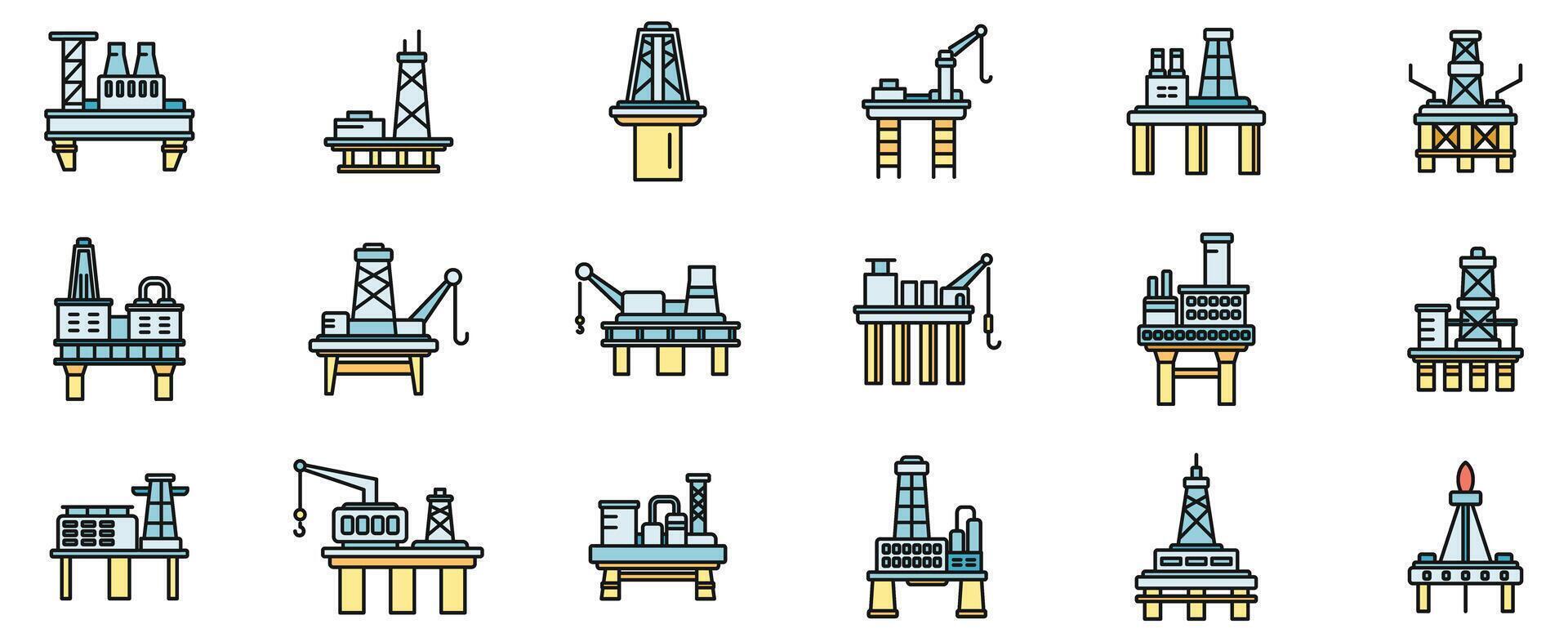 Sea drilling rig icons set vector color line