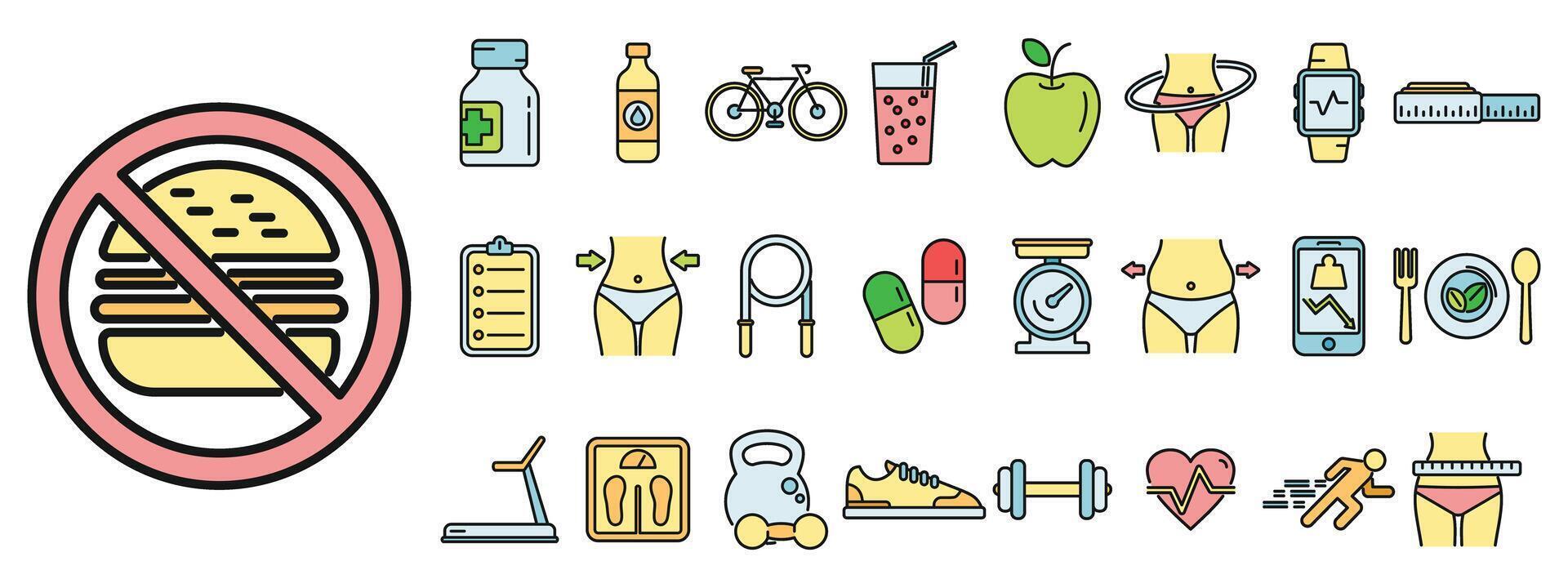 Slimming icons set vector color line