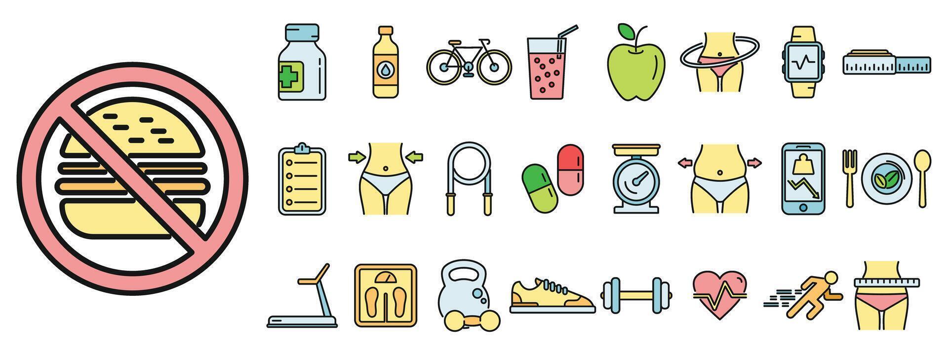 Slimming icons set vector color line