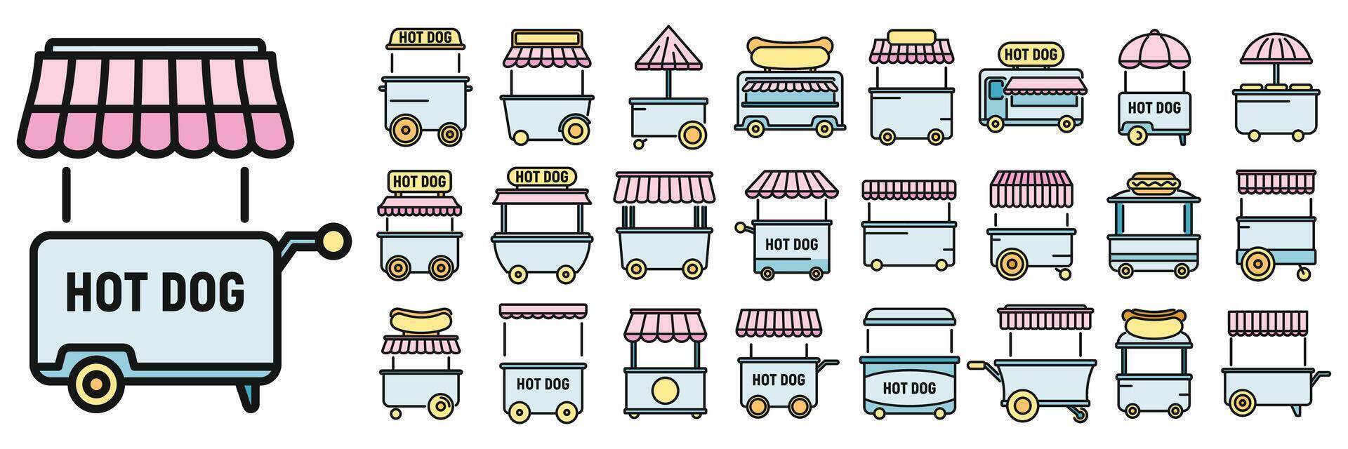 Hot dog cart icons set vector color line