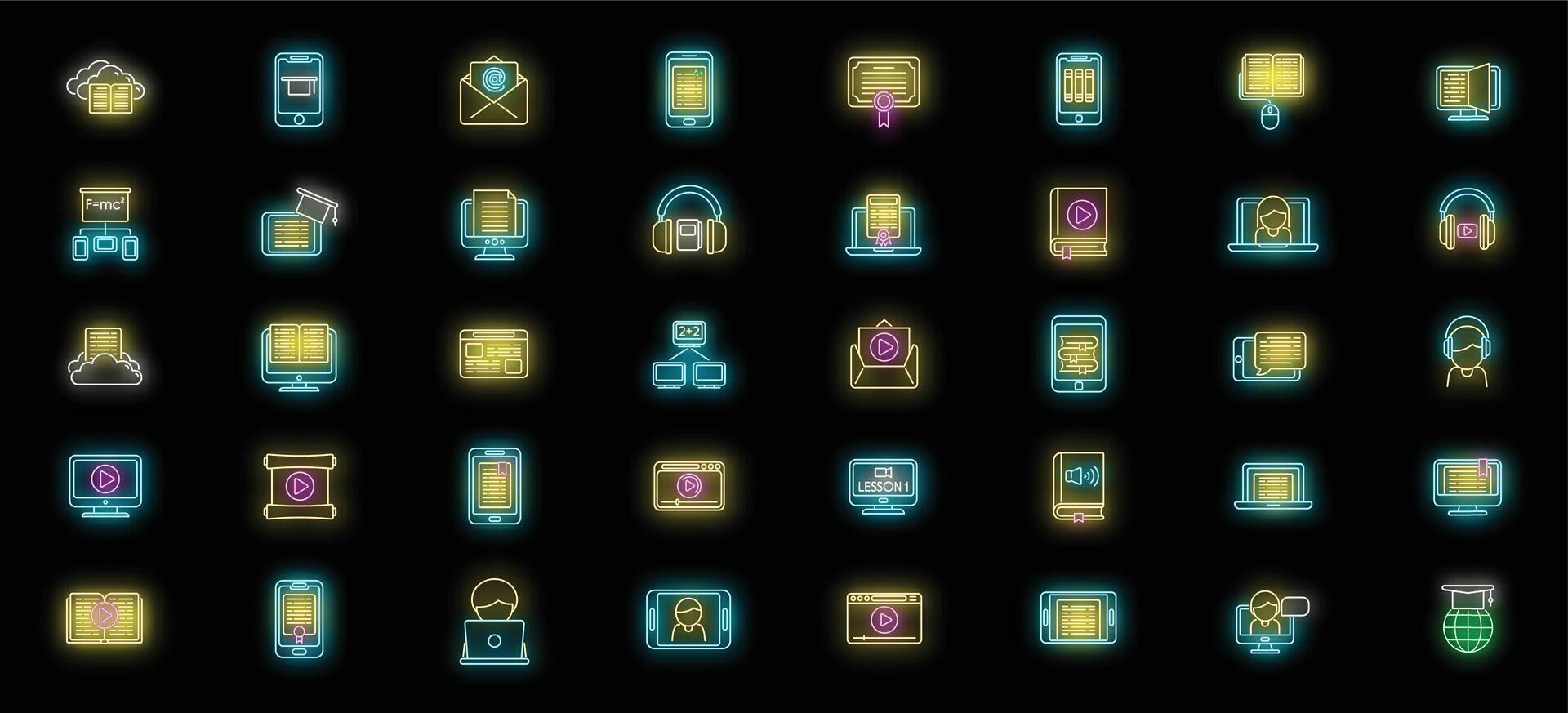 Distance education icons set vector neon