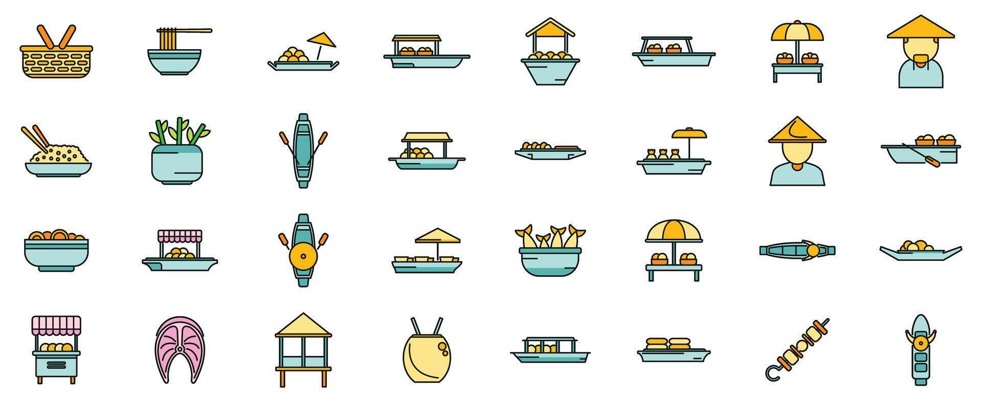 Floating market icons set vector color line