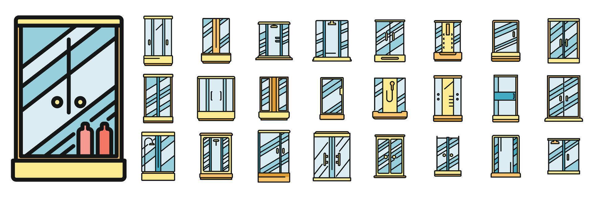 Shower stall icons set vector color line