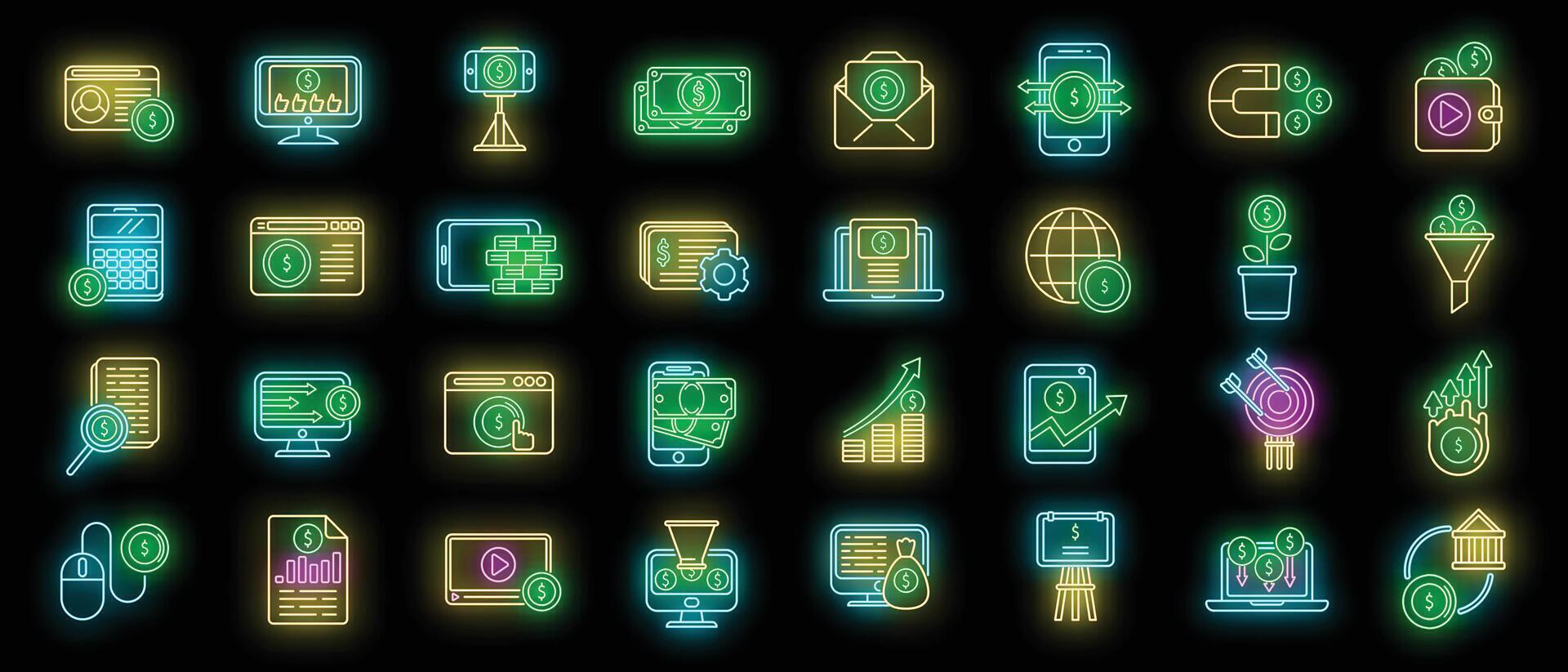 Monetization icons set vector neon