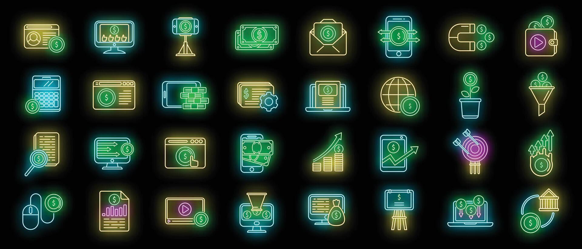 conjunto de iconos de monetización neón vectorial vector