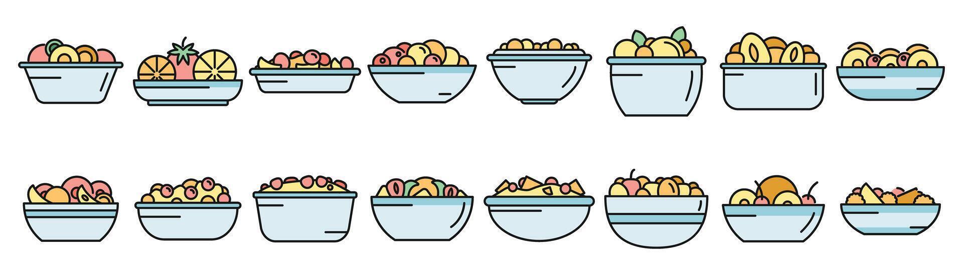 Fruit salad icons set vector color line