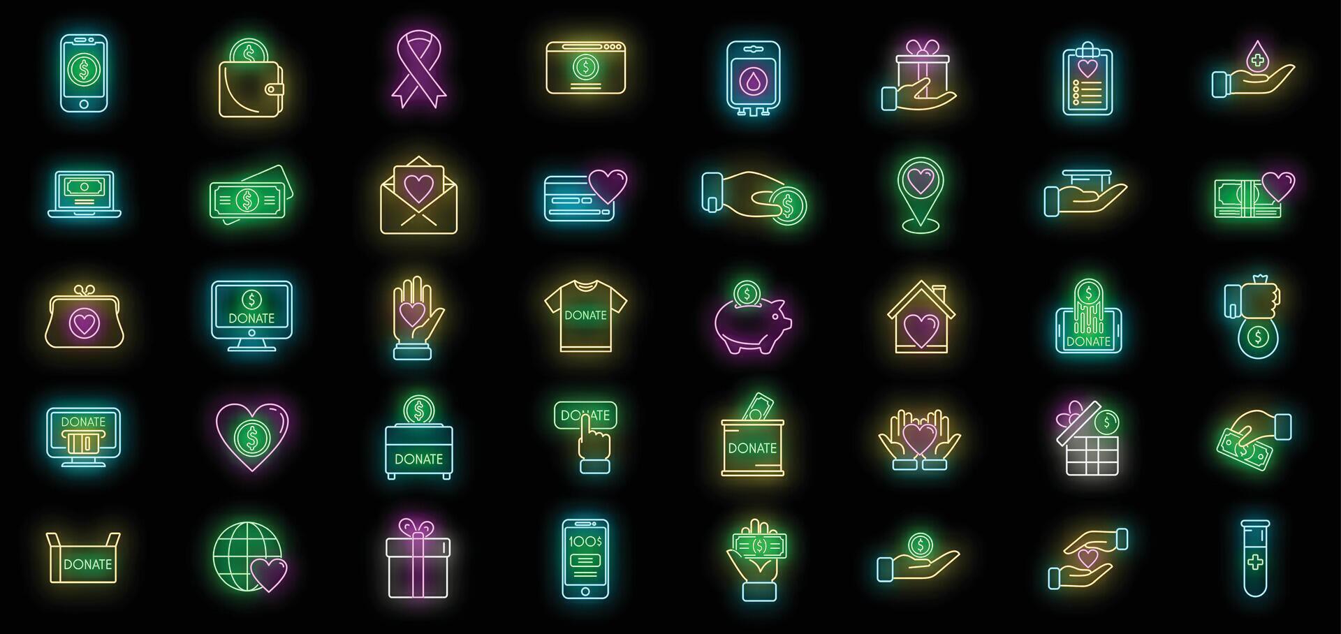 Charitable giving icons set vector neon