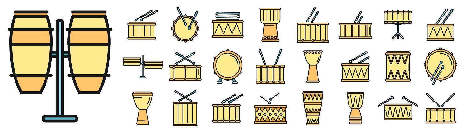 Drum icons set vector color line