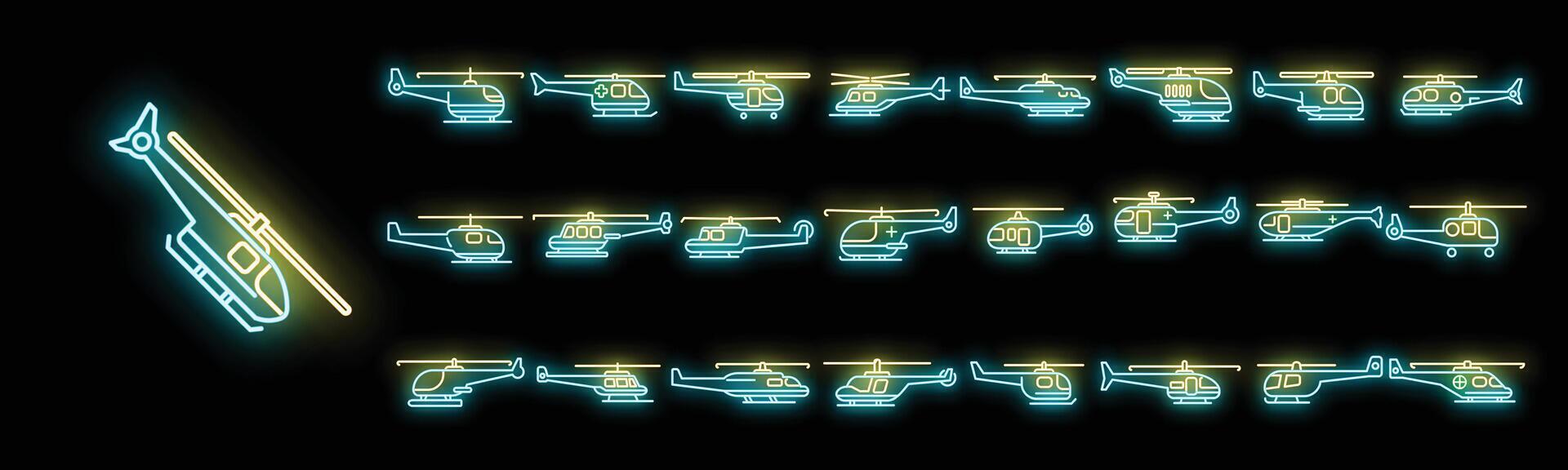 Rescue helicopter icons set vector neon