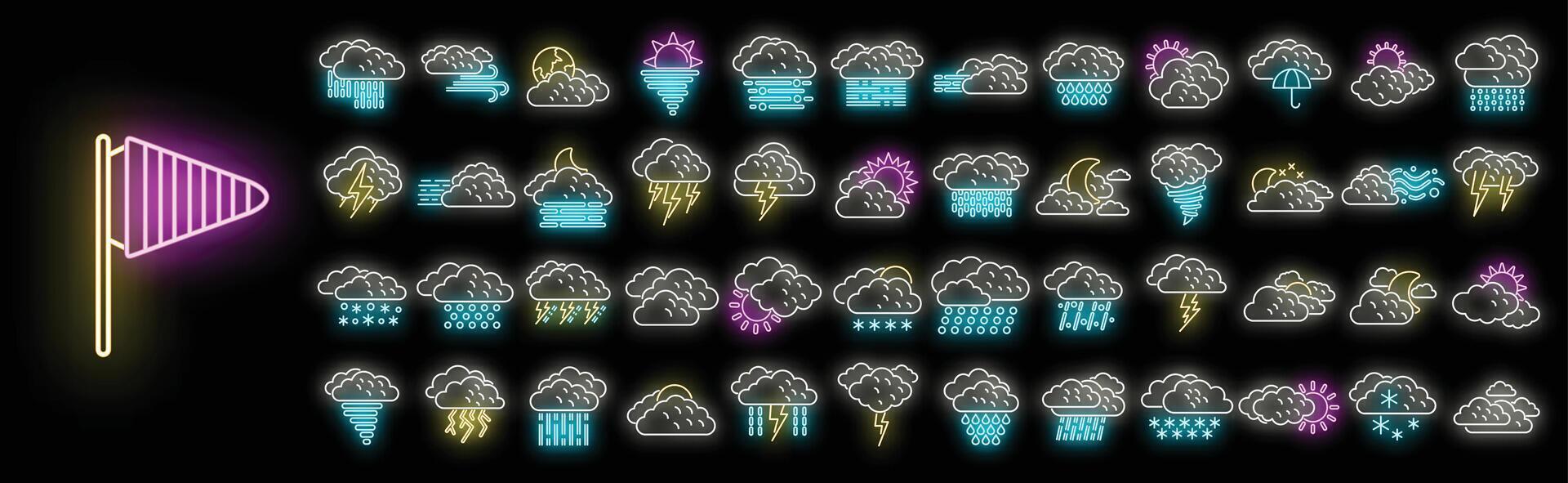 Cloudy weather icons set vector neon