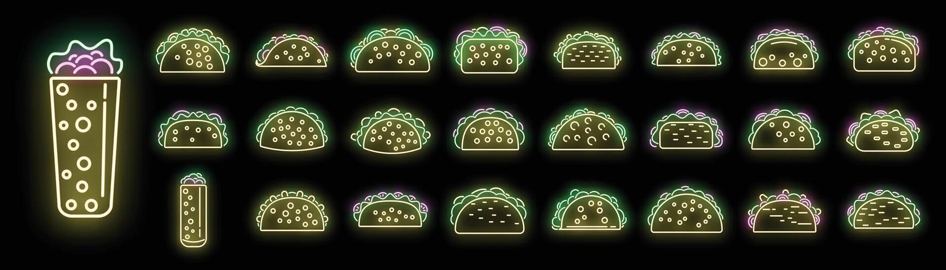 tacos, iconos, conjunto, vector, neón vector