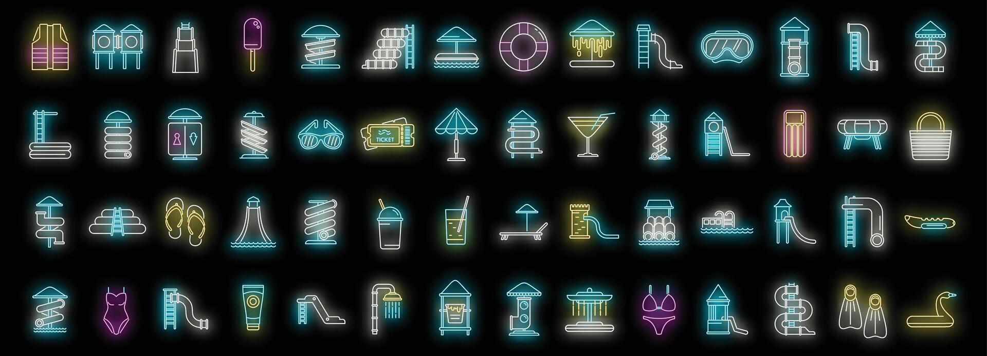 Water park icons set vector neon