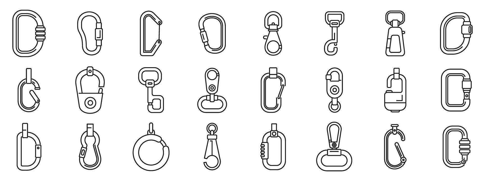 Carbine icons set outline vector. Clip hook climber vector