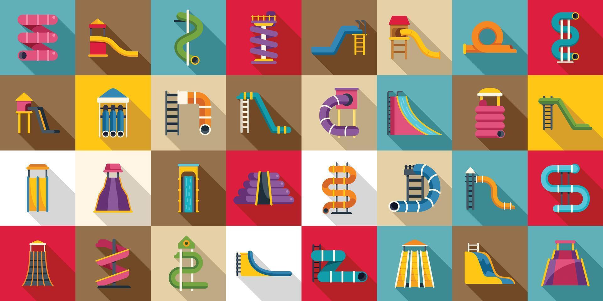 Aquapark slide icons set flat vector. Water fun vector