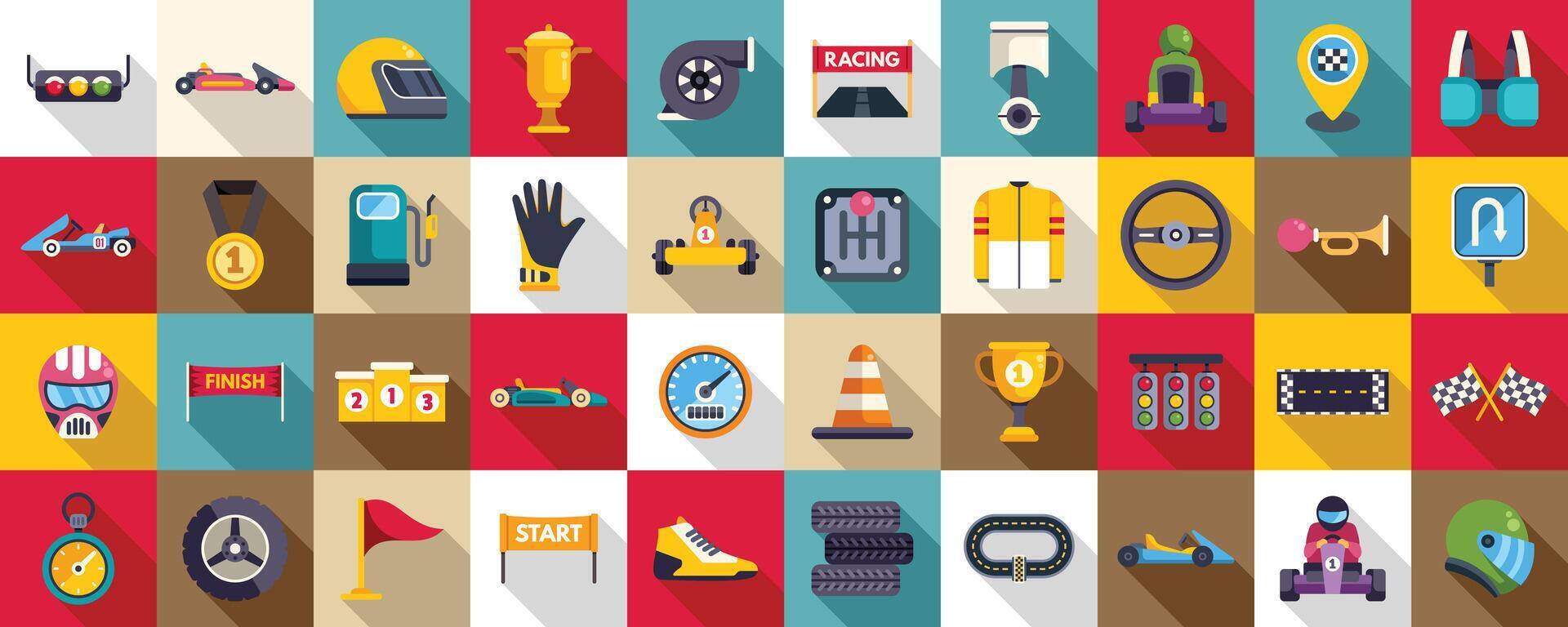 Kart racing icons set flat vector. Car sport road vector