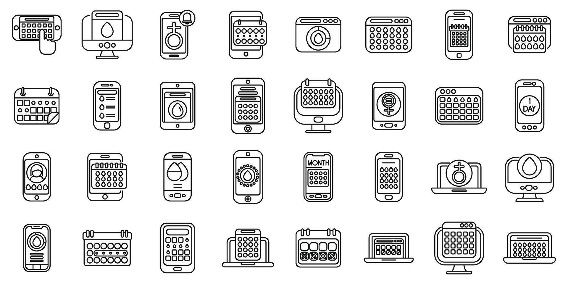 App for menstruation icons set outline vector. Period tracker vector