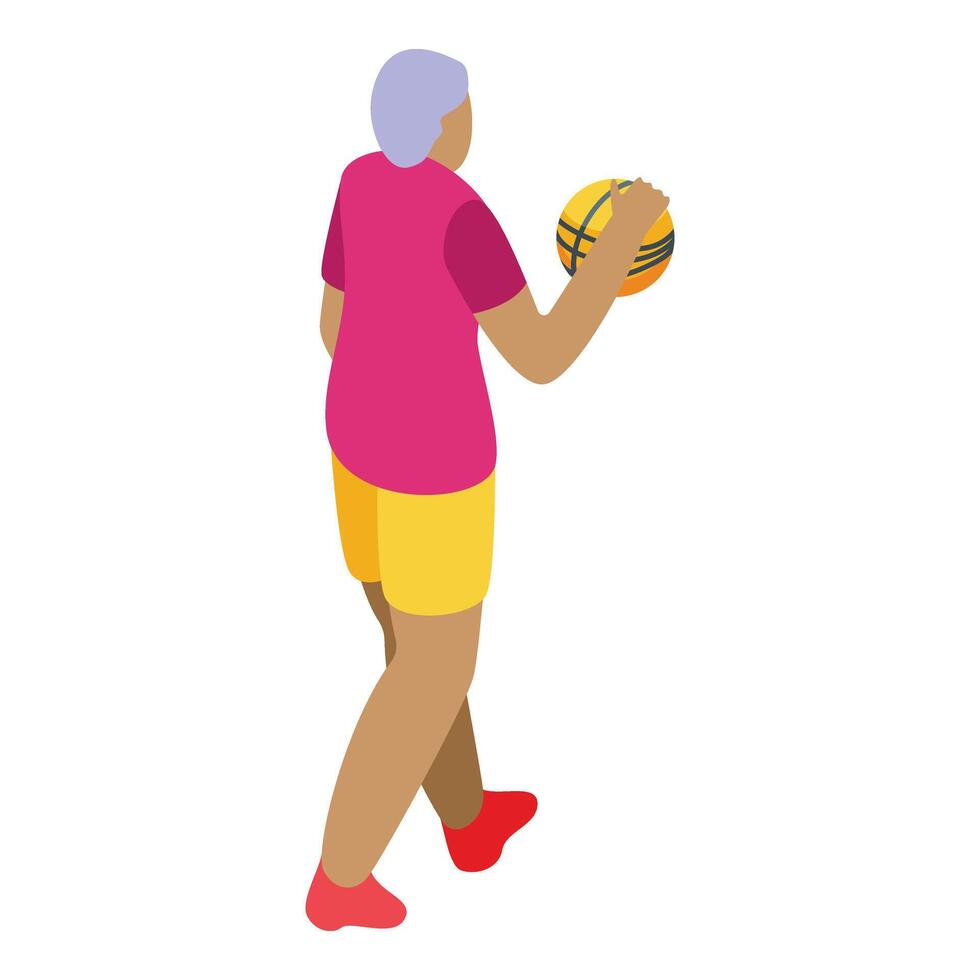 mayor abuelo jugar baloncesto icono isométrica vector. rutina de ejercicio formación vector