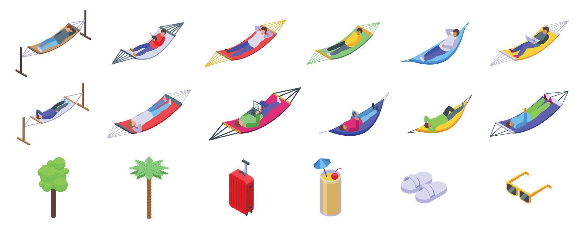 Man relax hammock icons set isometric vector. Beach vacation rest vector