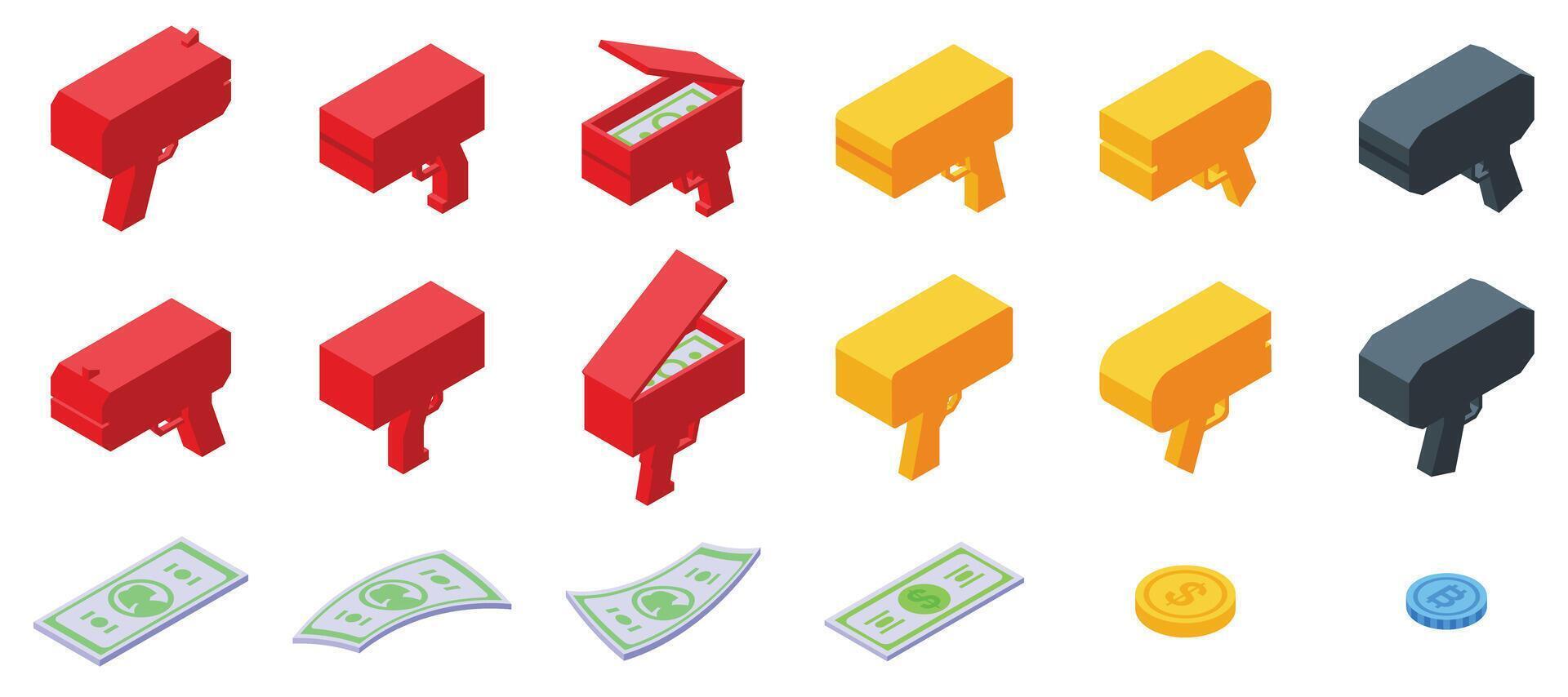 Money gun icons set isometric vector. Shoot toy cash vector