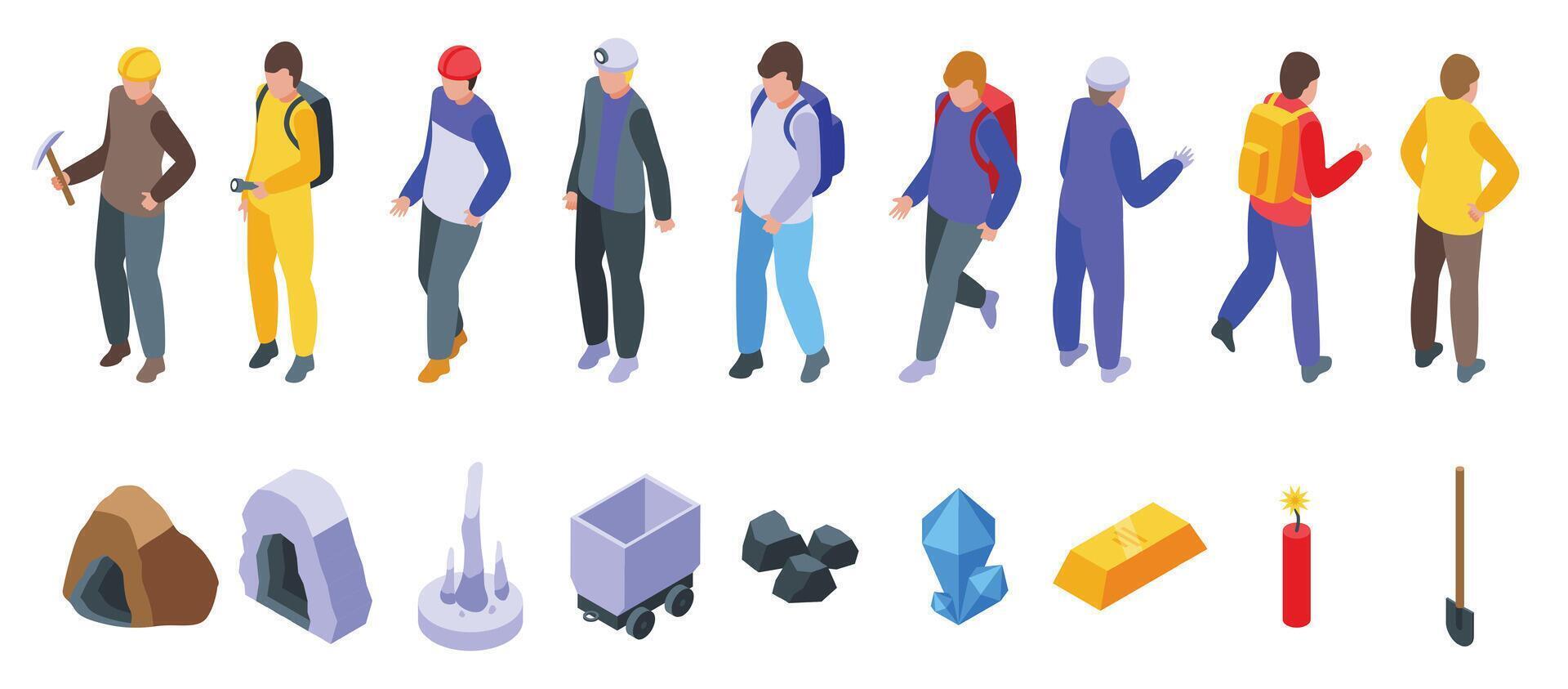 Man inside cave icons set isometric vector. Traveler mountain vector