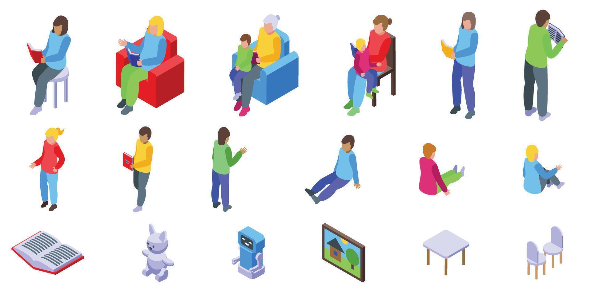 Nanny reading kids icons set isometric vector. Family caring vector
