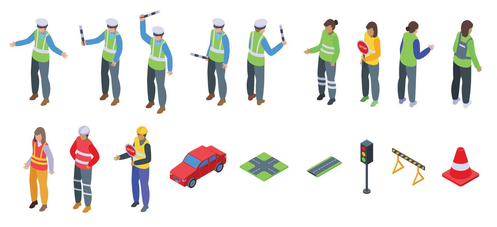 Traffic controller icons set isometric vector. Road policeman vector
