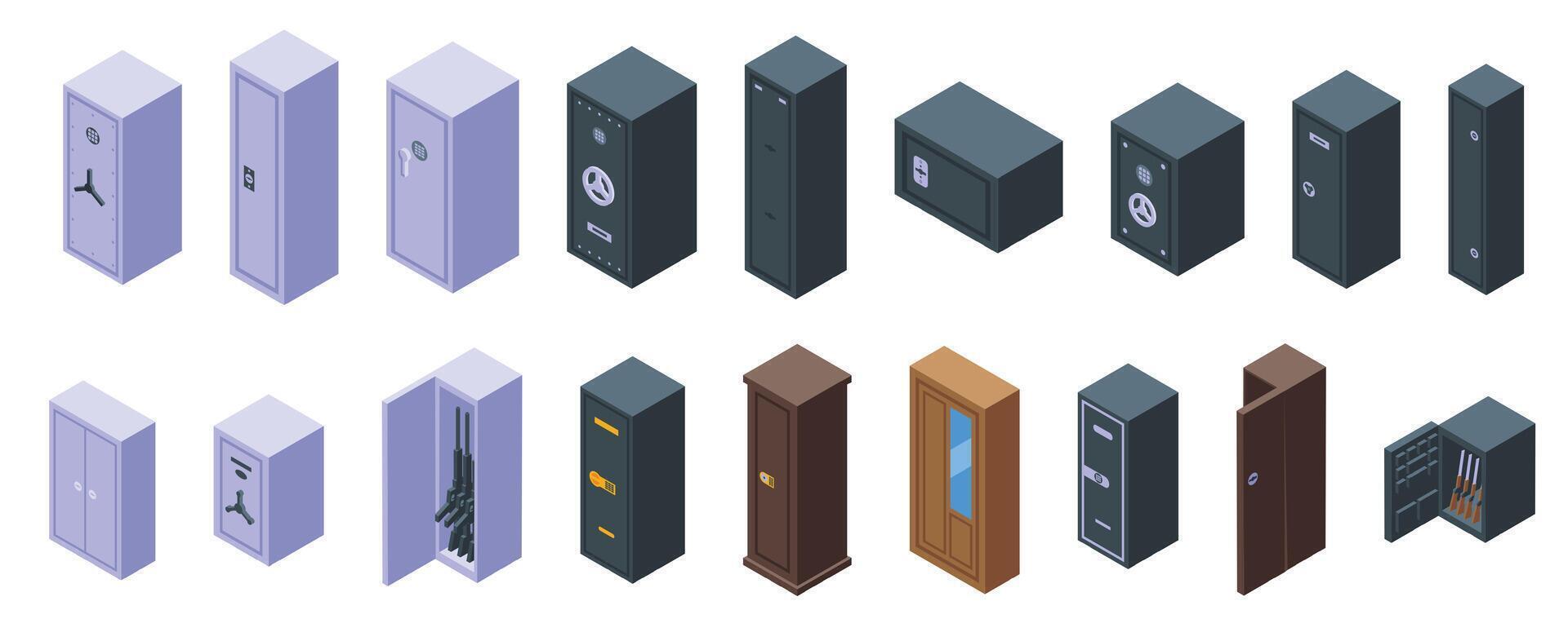 Strongbox gun icons set isometric vector. Safe deposit vault vector