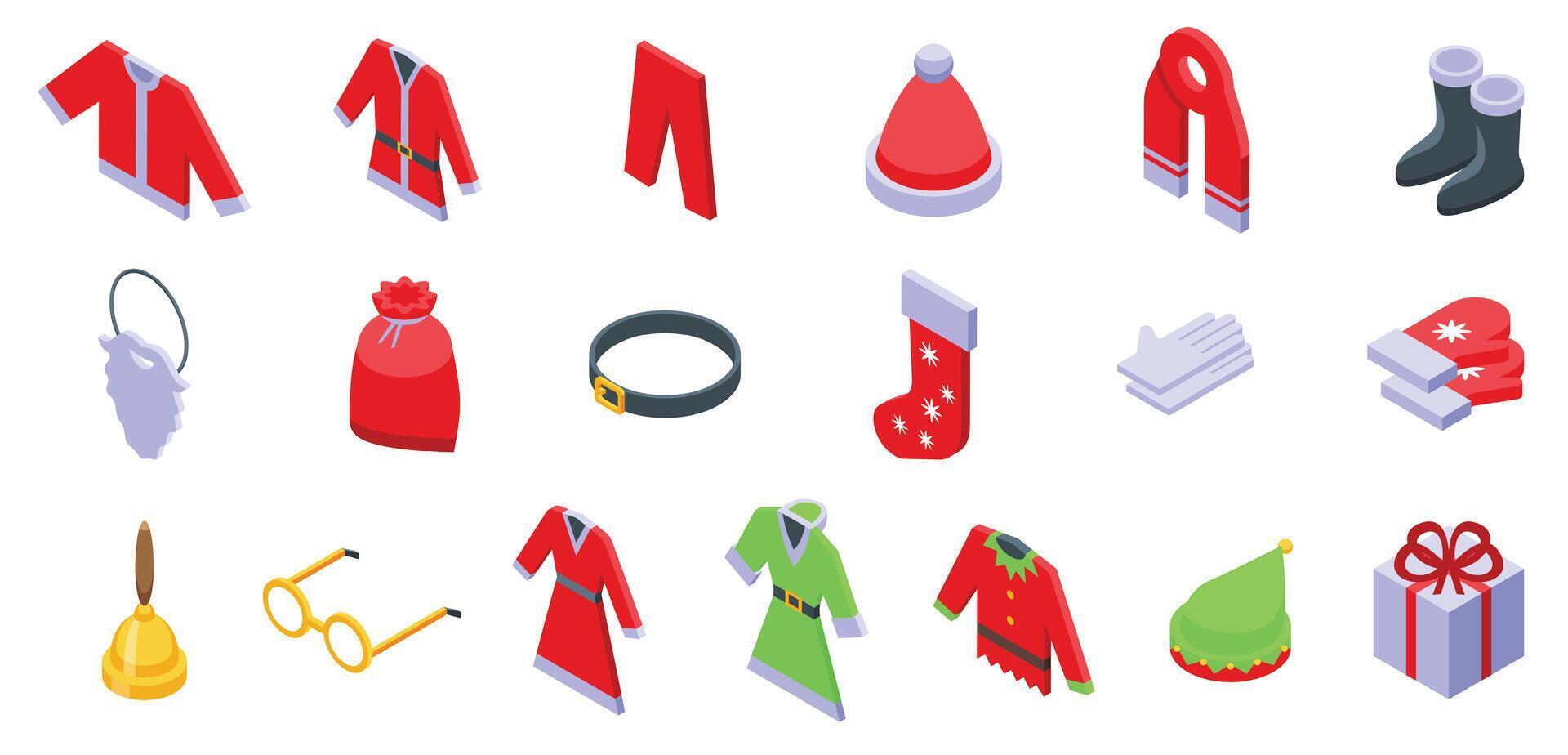 Claus dress suit icons set isometric vector. Santa jacket and bag vector